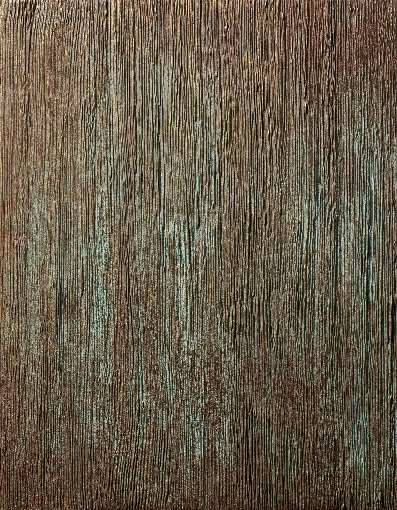 DECOR CONTEMPORAIN : détail de patine striée en relief brun et bleu.