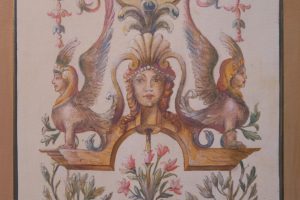 TROMPE l'OEIL : réalisation inspirée d'une grotesque du XVIIIe siècle aux couleurs douces à l'italienne, avec animaux fantastiques, vasque, végétaux fleuris, rubans et pendentifs. Détail.