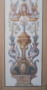 TROMPE l'OEIL : réalisation inspirée d'une grotesque du XVIIIe siècle aux couleurs douces à l'italienne, avec animaux fantastiques, vasque, végétaux fleuris, rubans et pendentifs. Détail.