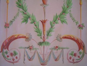 TROMPE L’OEIL : Décor d’ornementation de ‘grotesque’ inspiré des papiers peints de style néoclassique post révolution.