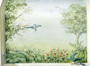 TROMPE L'OEIL : dans une véranda, décor peint d'une ouverture sur un jardin, au ciel bleu,, avec deux oiseaux. Maquette.