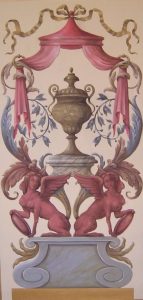 DECOR PEINT : Composition en panneautages de grotesque encadrée de filets dorés, inspirée des décors peints du XVIIe siècle